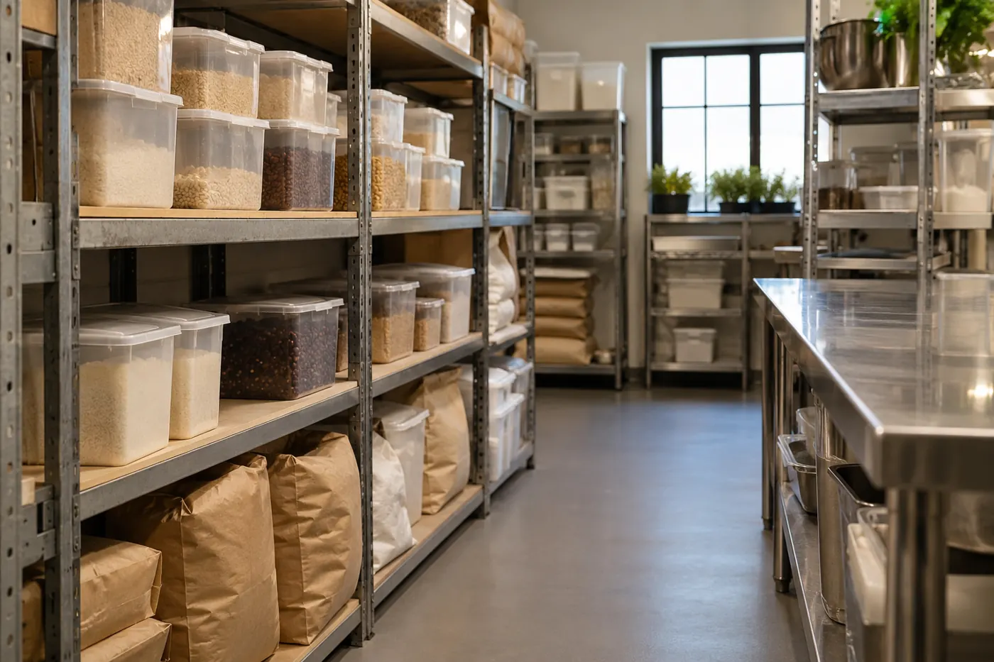 Organised storage shelving in a catering premises