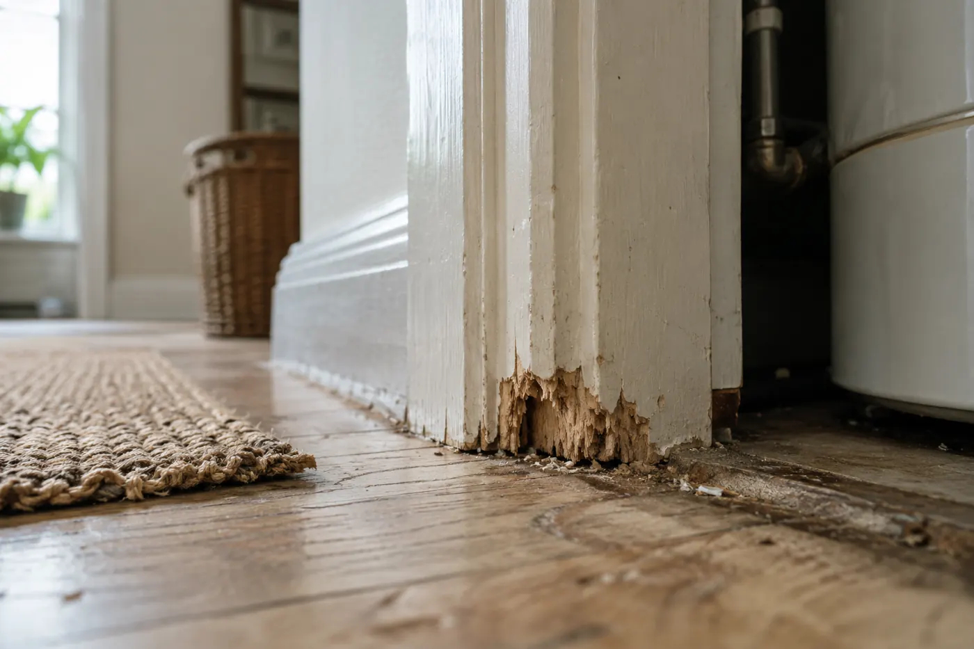 Rodent gnaw marks on a timber doorway threshold