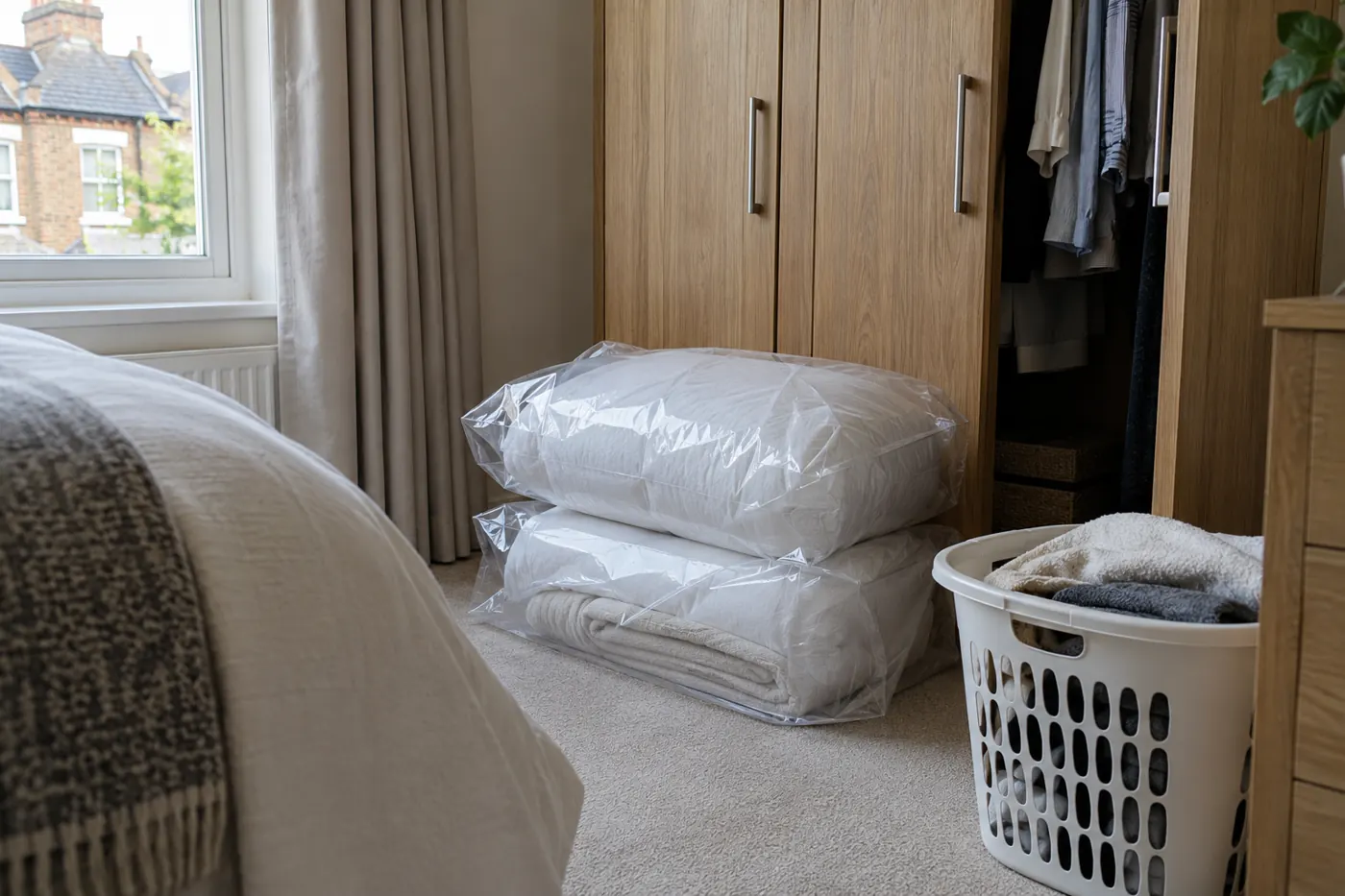 Bedding sealed in bags for bed bug treatment preparation