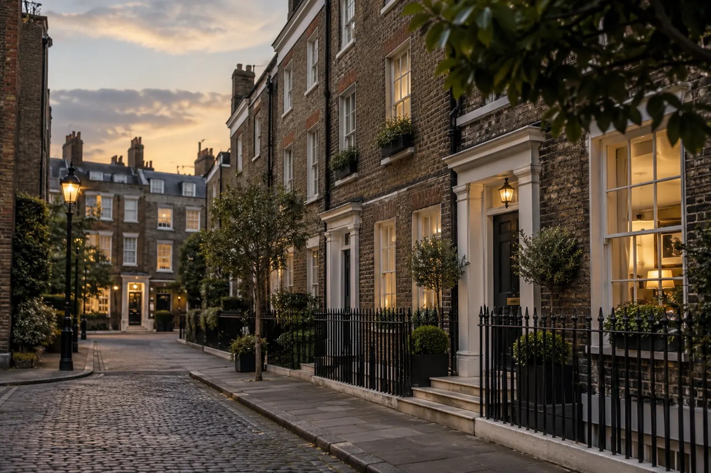 London residential street with illuminated windows at dusk