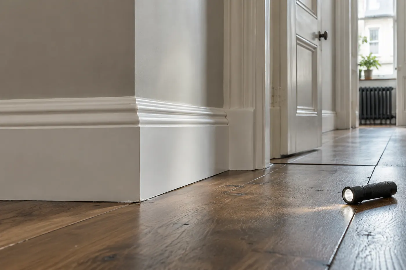 Sealed skirting corner and inspection torch in a period hallway