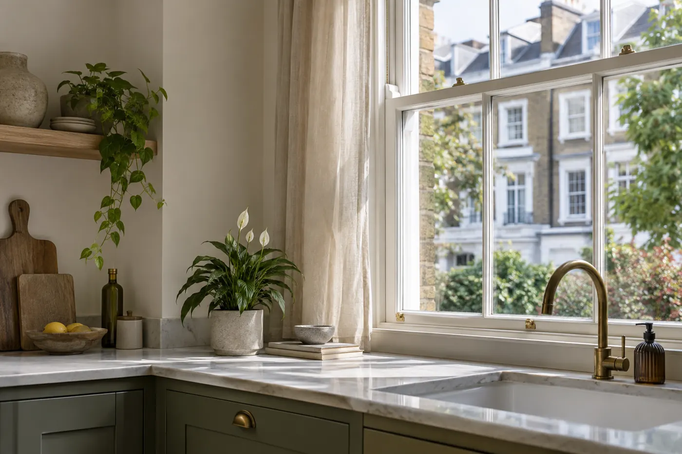 London kitchen window and clear work surface