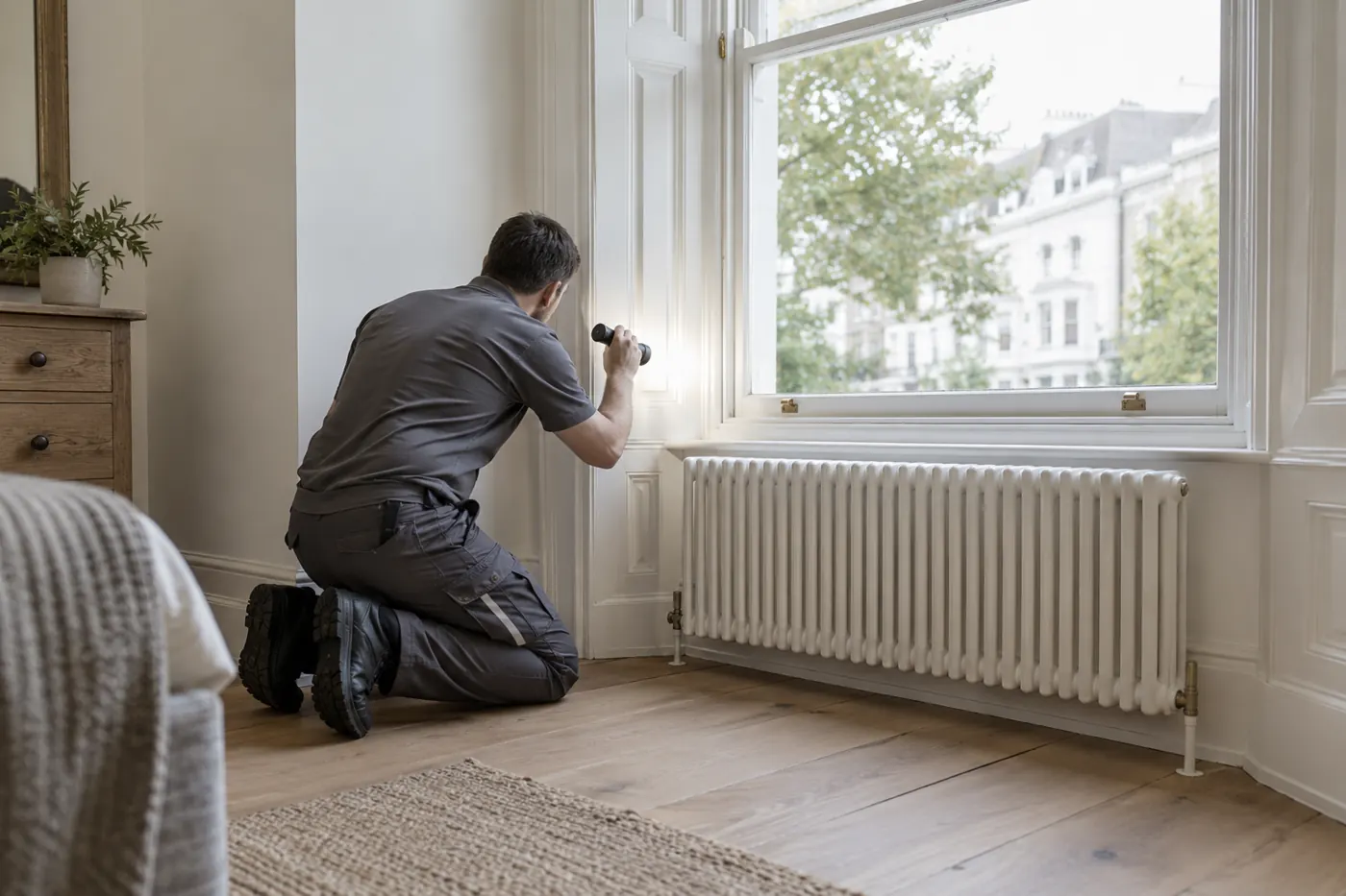 Pest technician inspecting a sash window entry point in a London flat