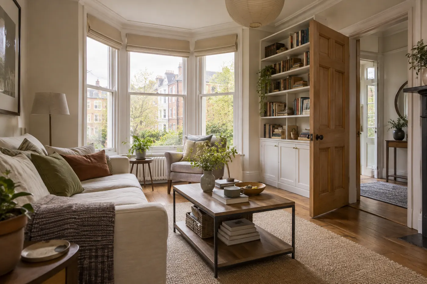 London apartment living room with a bay window