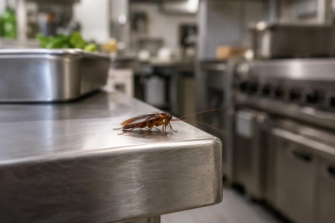 Cockroach at the edge of a commercial kitchen work surface