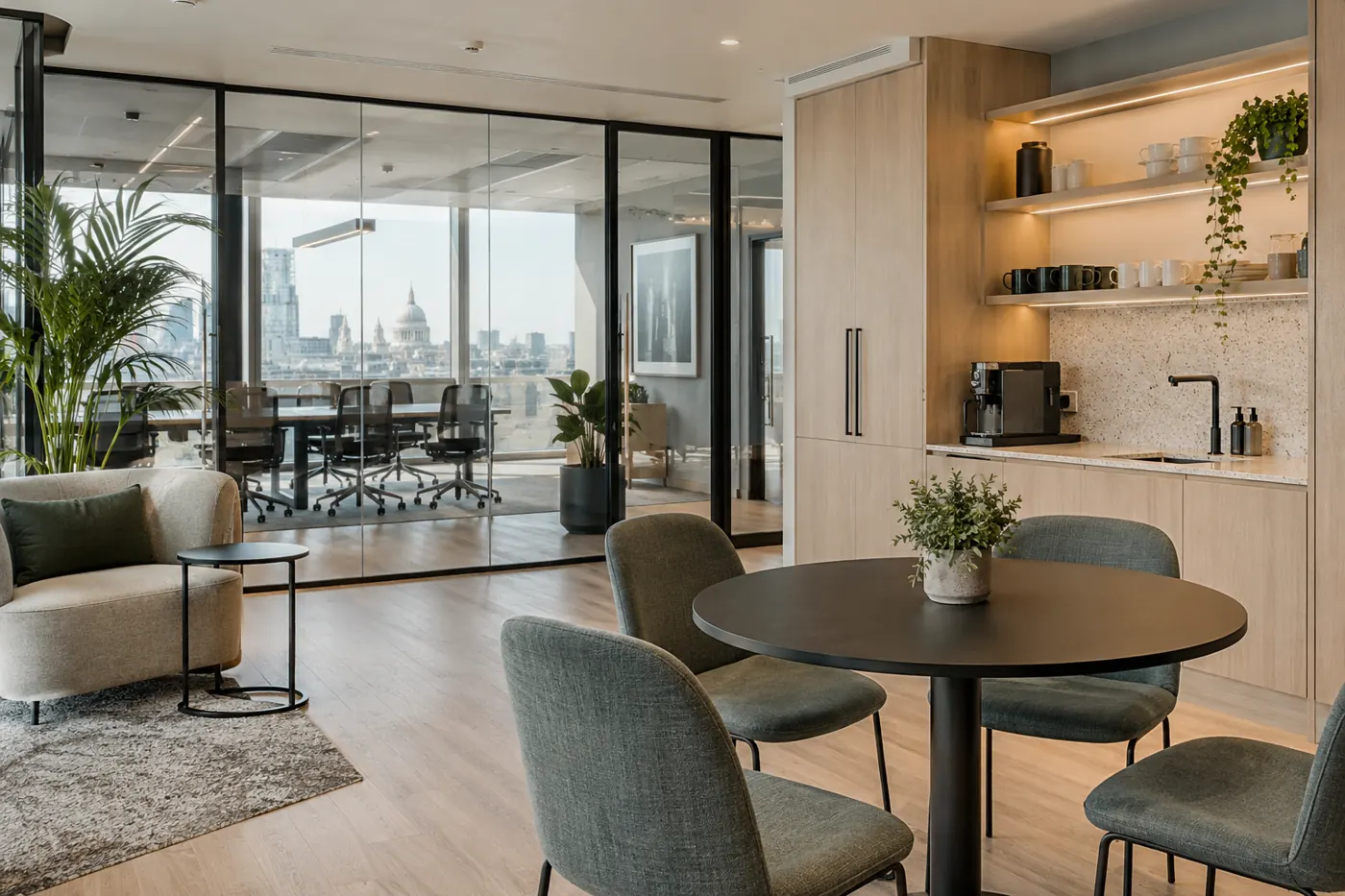 Modern office kitchenette and breakout area