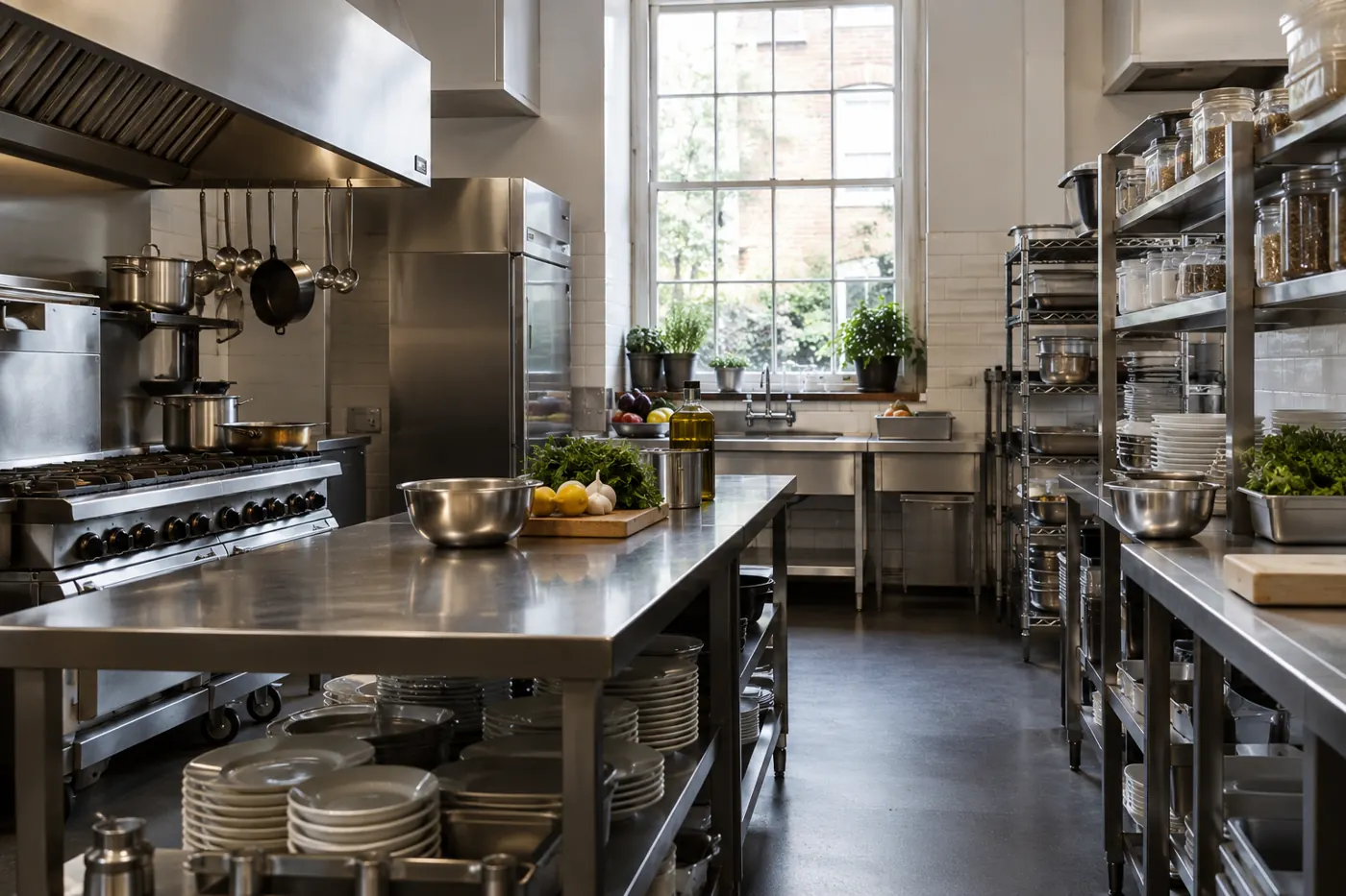 Independent restaurant kitchen with stainless steel work surfaces