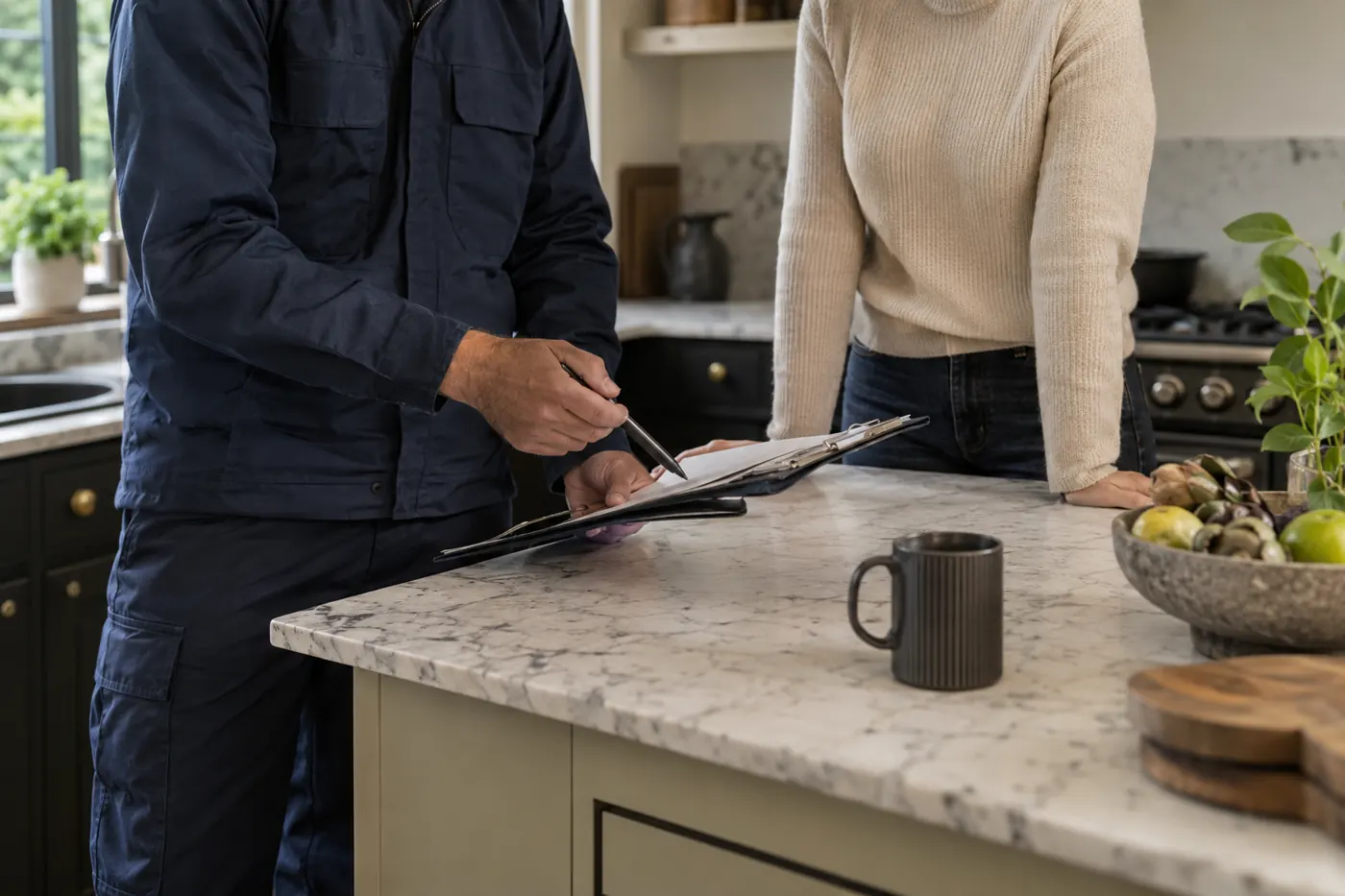 Technician discussing inspection notes at a kitchen island