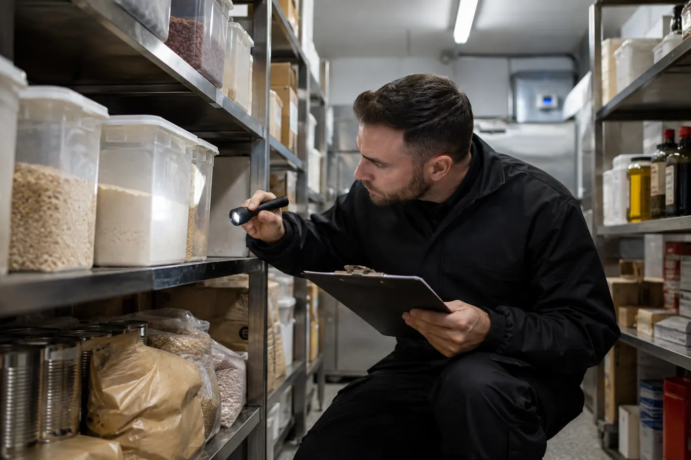 Technician inspecting shelving in a commercial stockroom