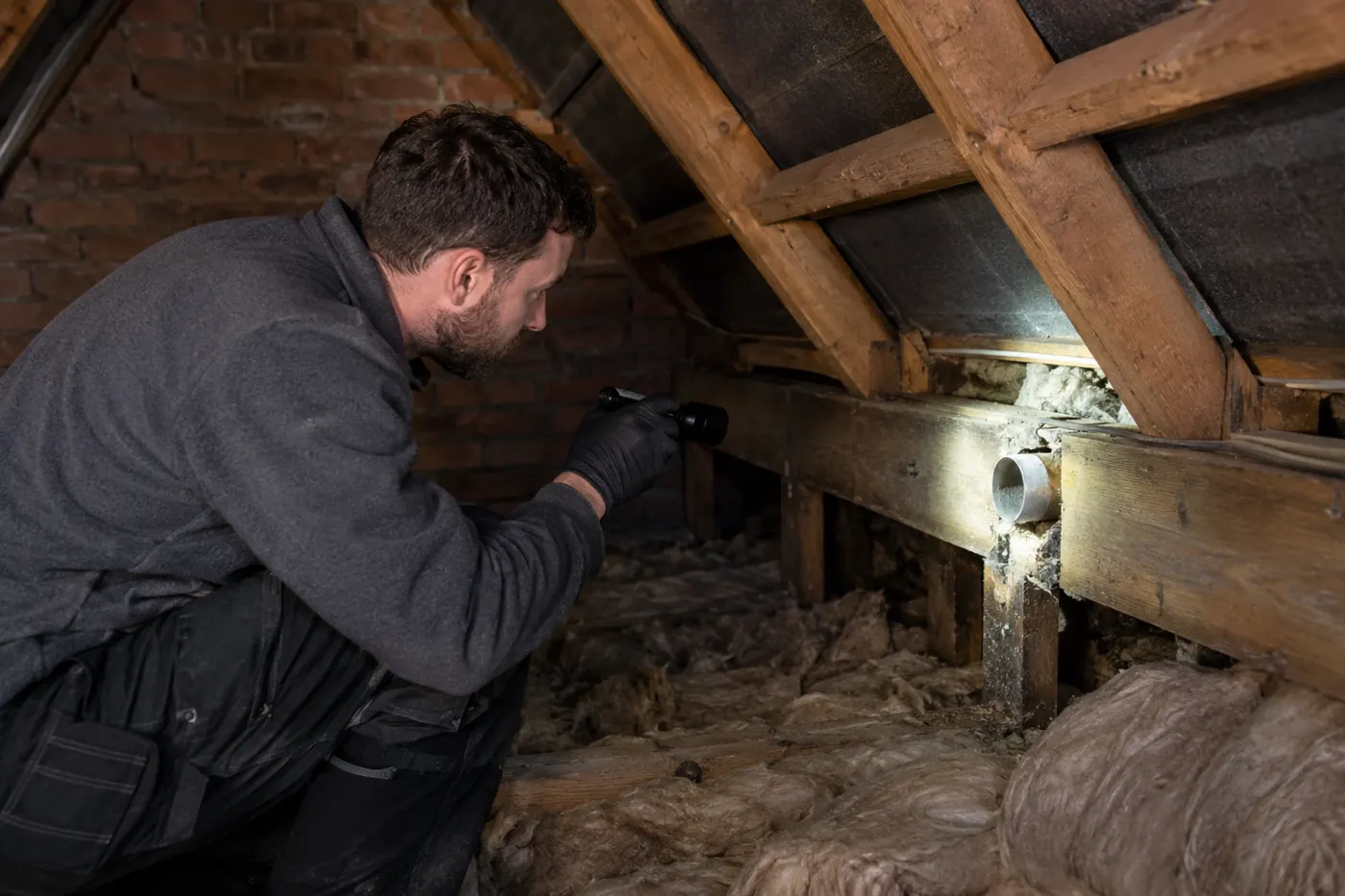 Technician assessing a loft for rodent activity