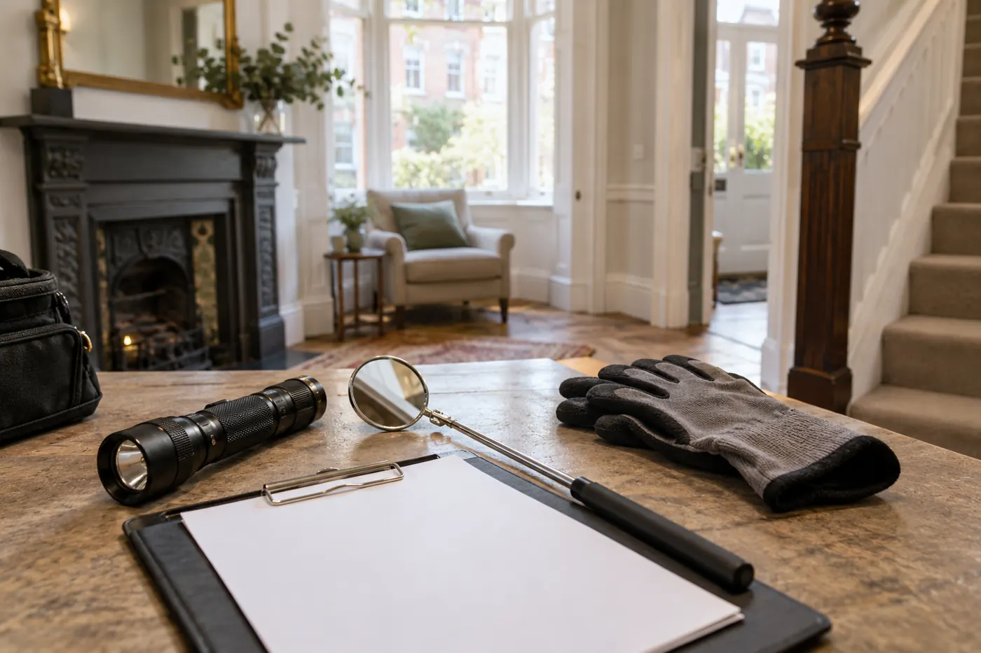 Torch, mirror and gloves prepared for a pest inspection